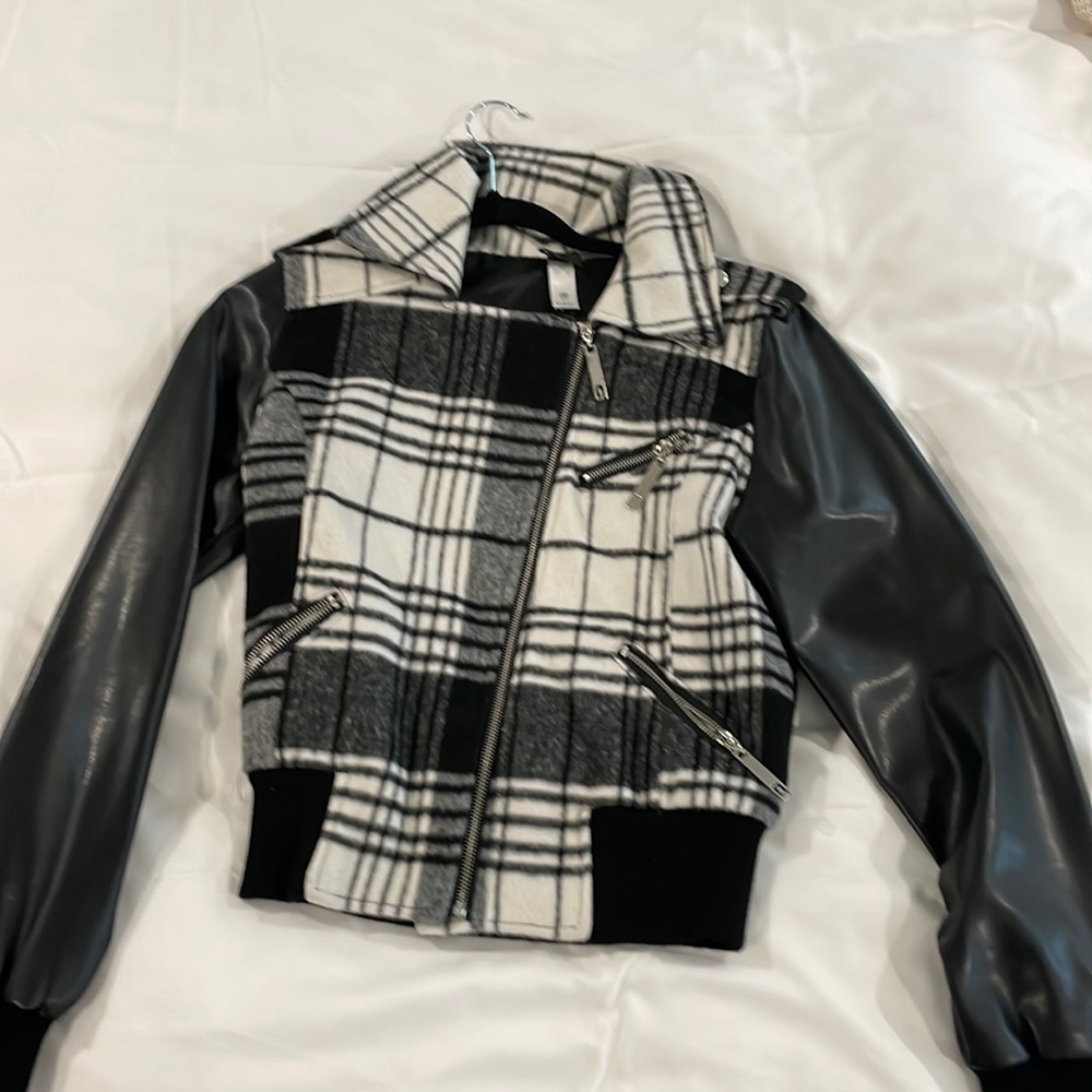 Plaid jacket with faux leather sleeves